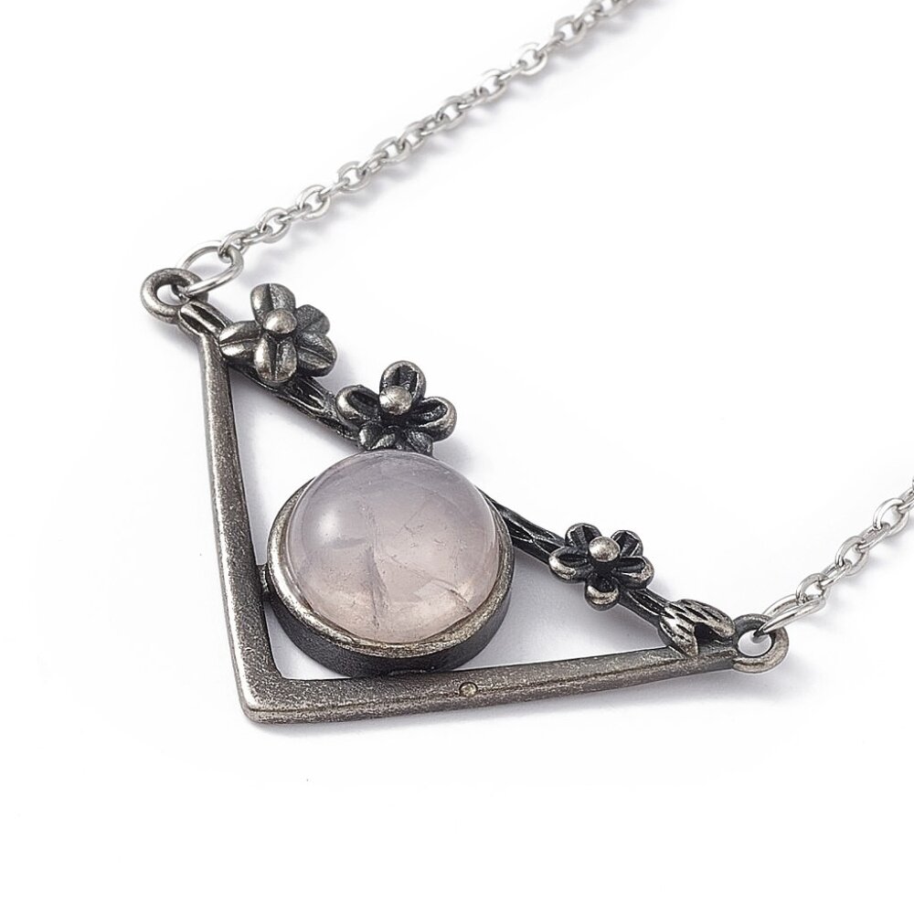 NWOT natural Rose Quartz triangle Flower floral necklace Gemstone Pendant